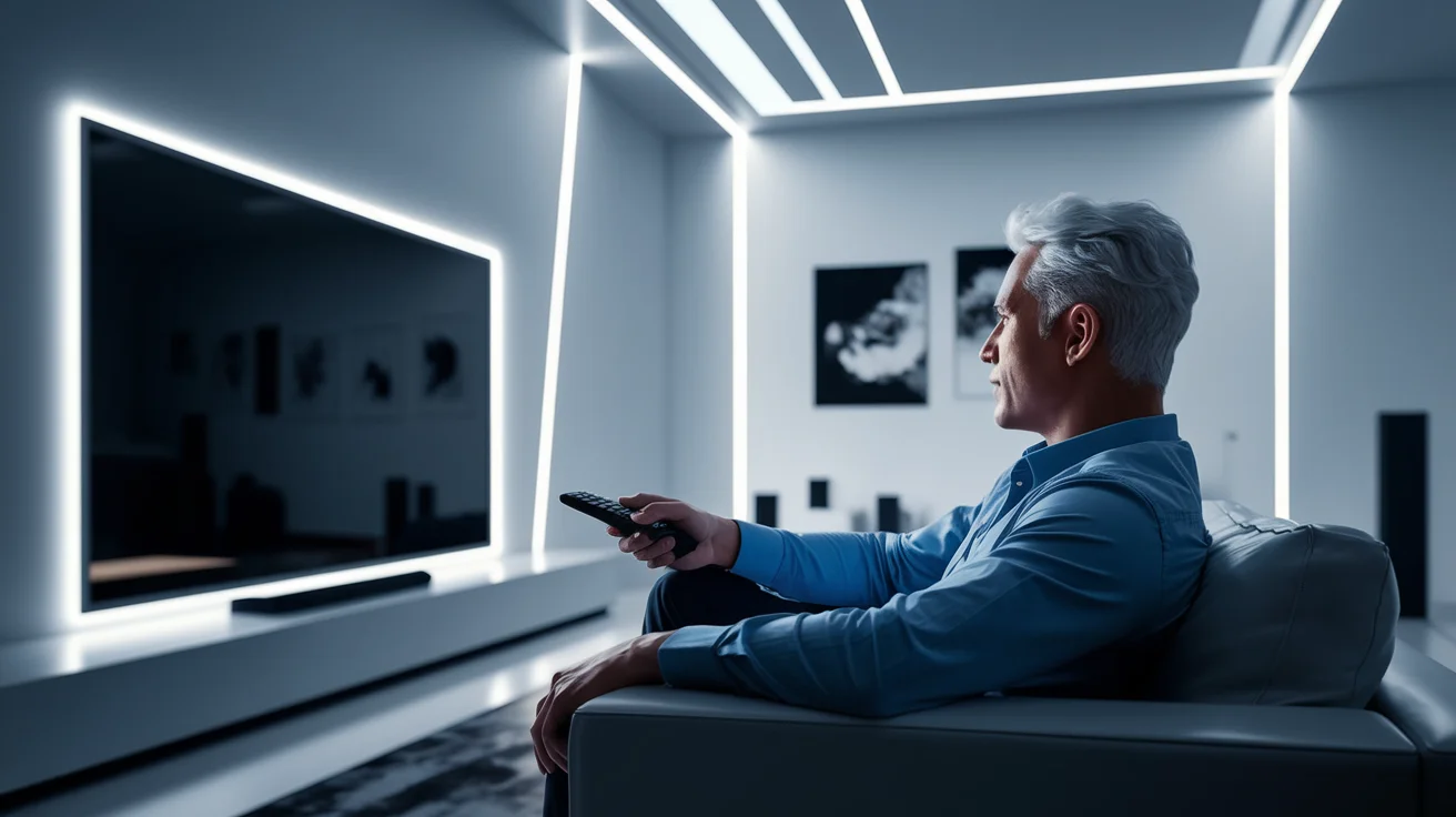 IPTV free trial promotional editorial showing VeoTT streaming interface with clean modern tech design and soft directional lighting